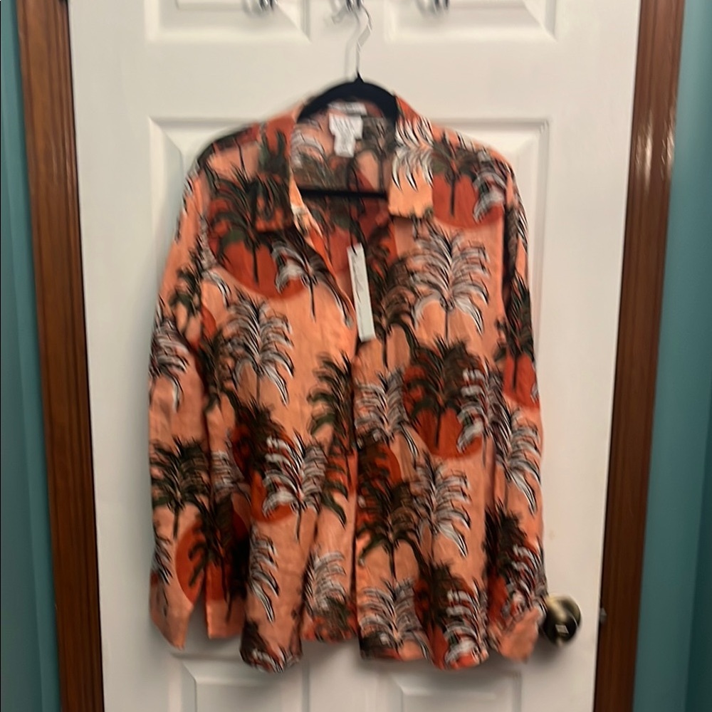 Tropical Print Women's Button Down Linen Shirt XL